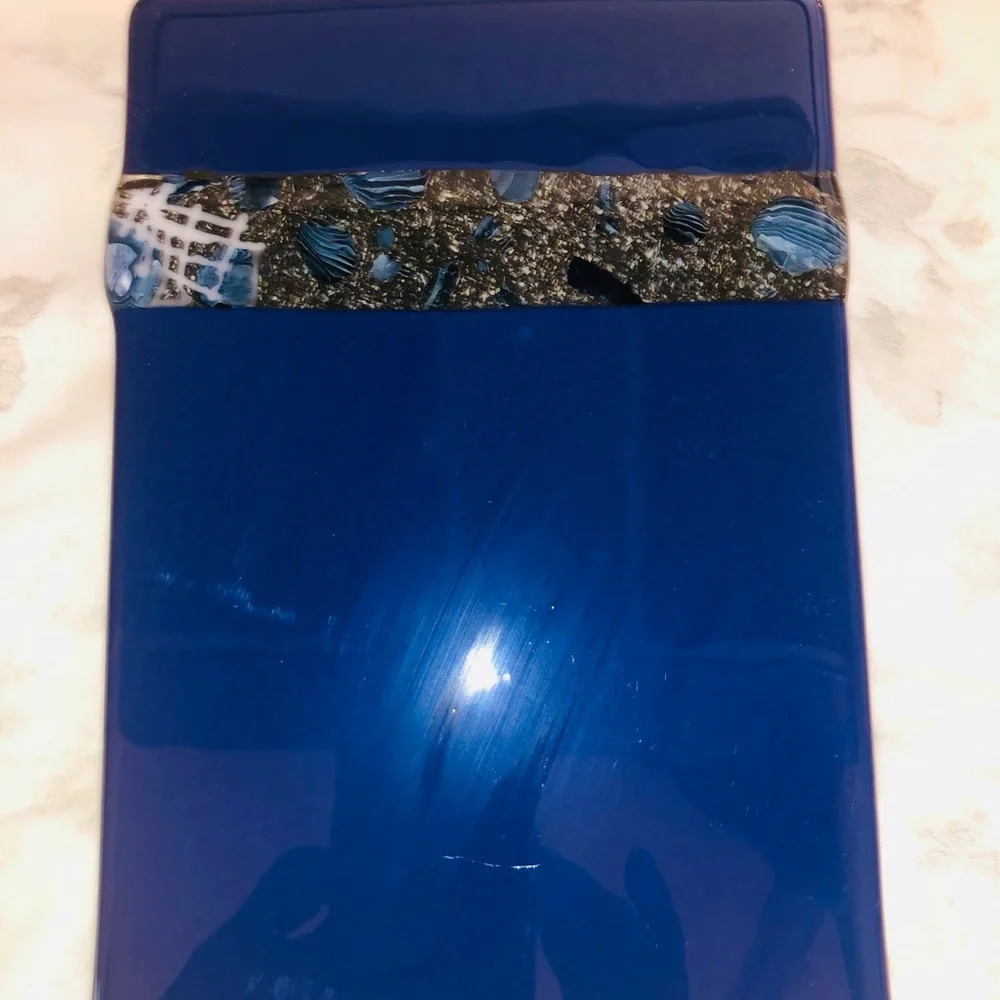 Artist Quintanilla Signed Fused Glass Platter - Cobalt Blue w/Mosaic, 9.5x 7